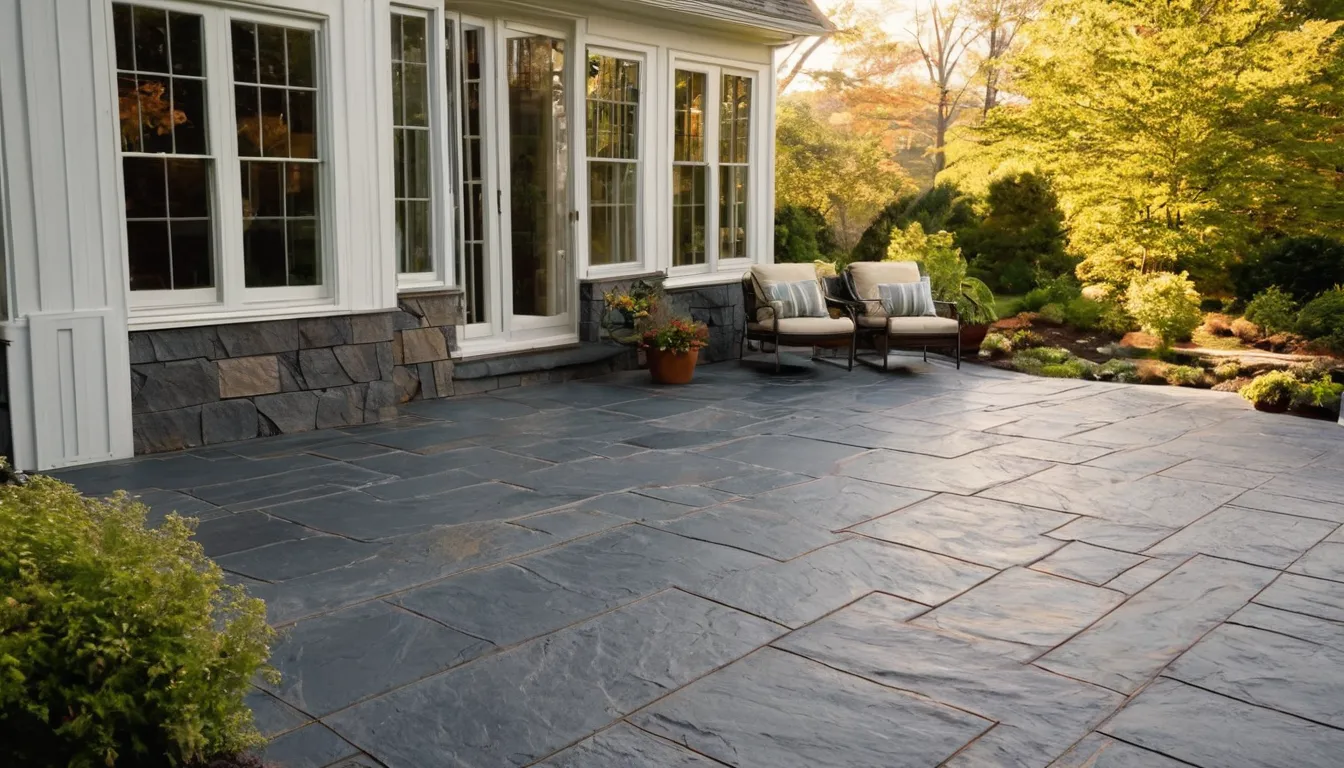 A stamped concrete patio behind a home in the Saltaire area