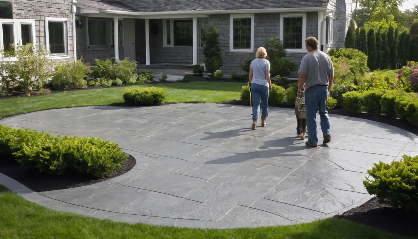 Stamped concrete patio with a slate pattern behind a Saltaire home